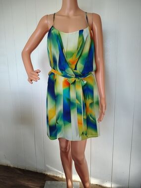 Marciano Silk Multicolor Spaghetti-Strap Tie-Waist Mini Dress Size M.